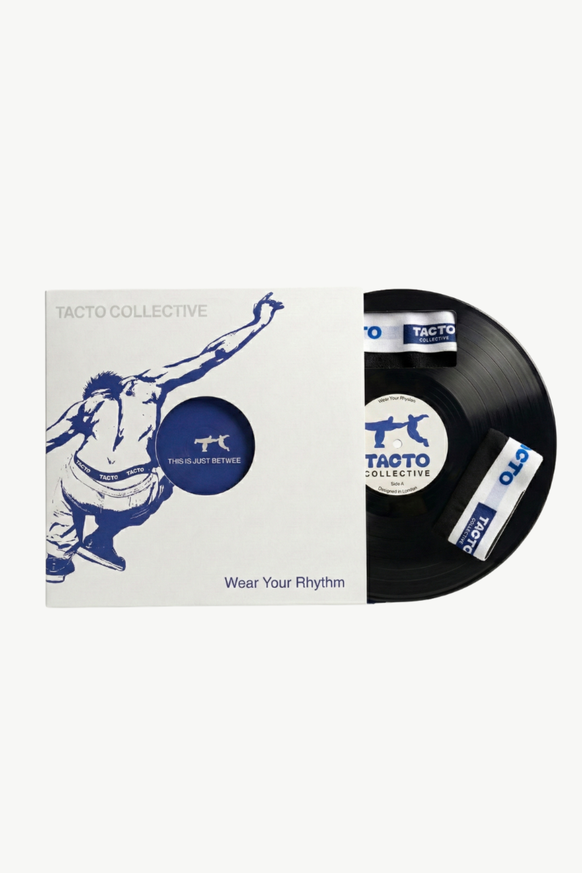 Vinyl record and cover with 'Tacto Collective' branding on a white background. Packaging for the 3-pack underwear. 