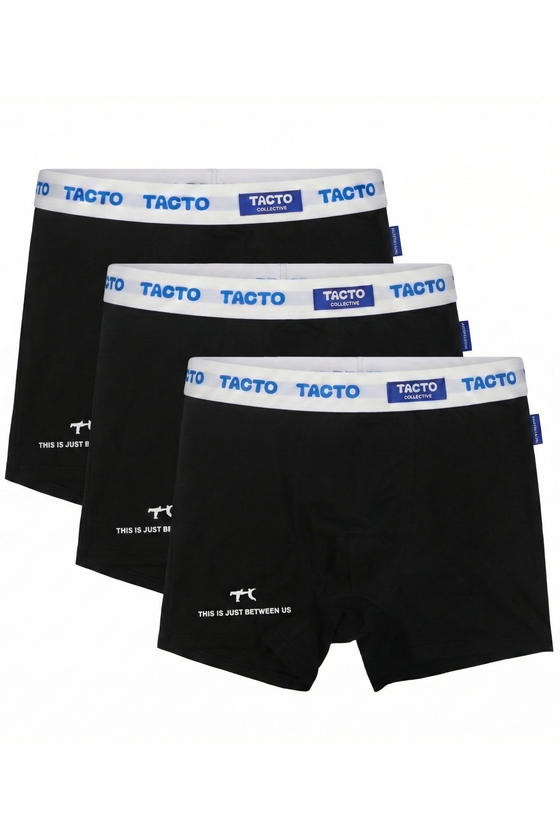 Three black boxer briefs with white waistbands featuring the brand 'Tacto' on a white background. 3-pack