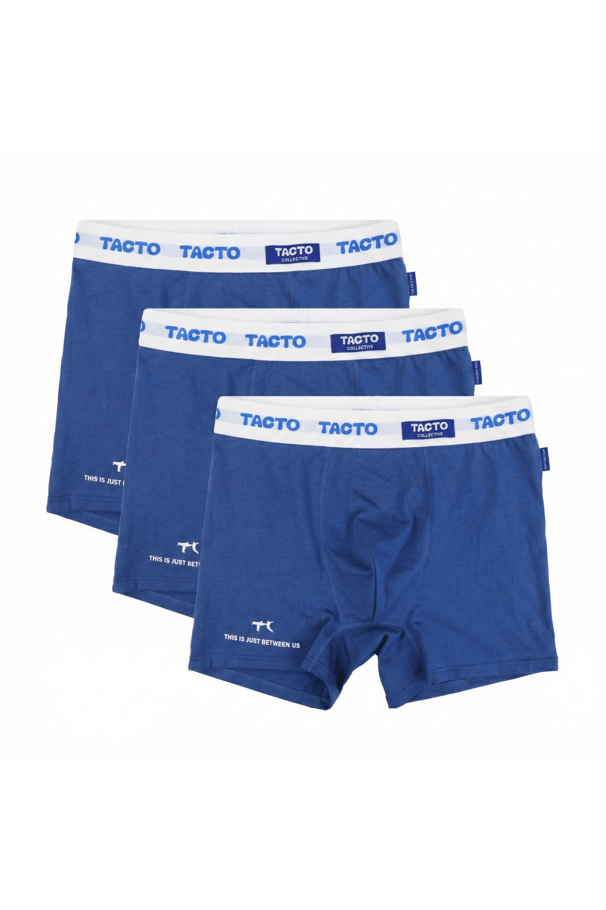 Three pairs of blue boxer briefs with white waistbands on a white background, branded 'Tacto'.