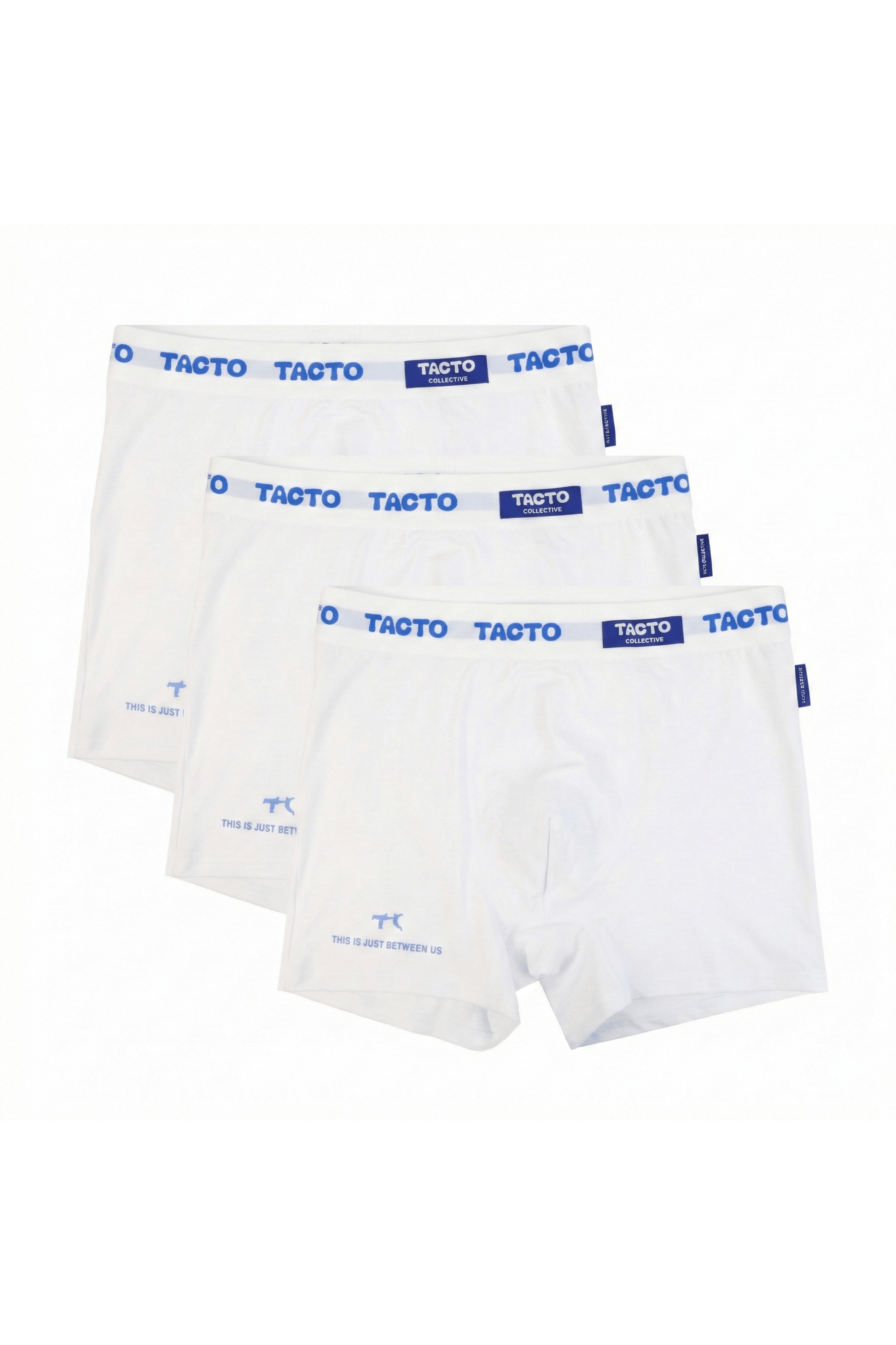 Three pairs of white boxer briefs with TACTO blue branding on a white background. The Pressing Men's Underwear Boxer Brief 3-Pack White Organic Cotton-Modal, No Polyester — All Three Pieces — TACTO Collective