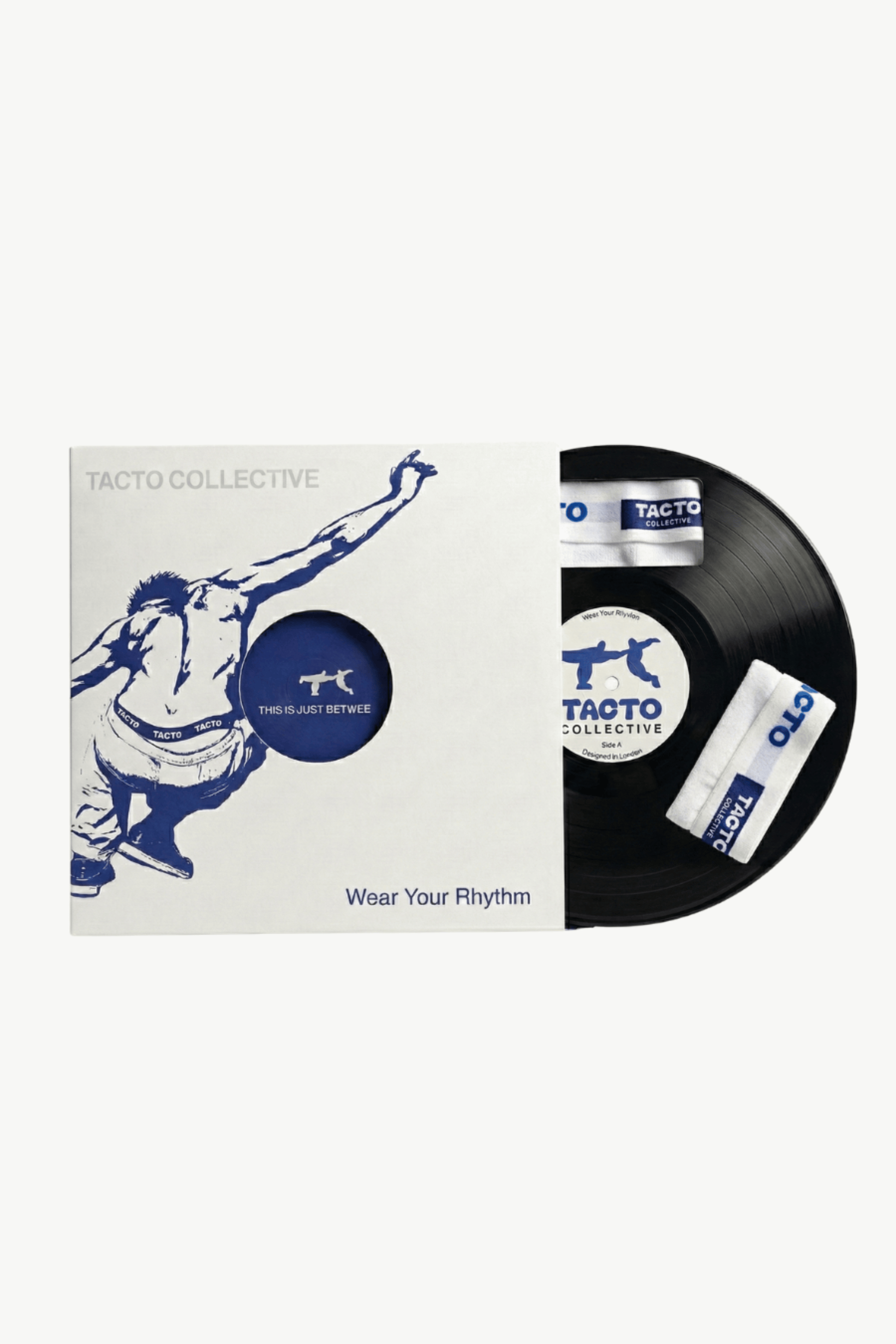 Vinyl record and cover with 'Tacto Collective' branding on a white background. packaging underwear. The Pressing Men's Underwear Boxer Brief 3-Pack White Vinyl Packaging Organic Cotton-Modal, No Polyester — TACTO Collective
