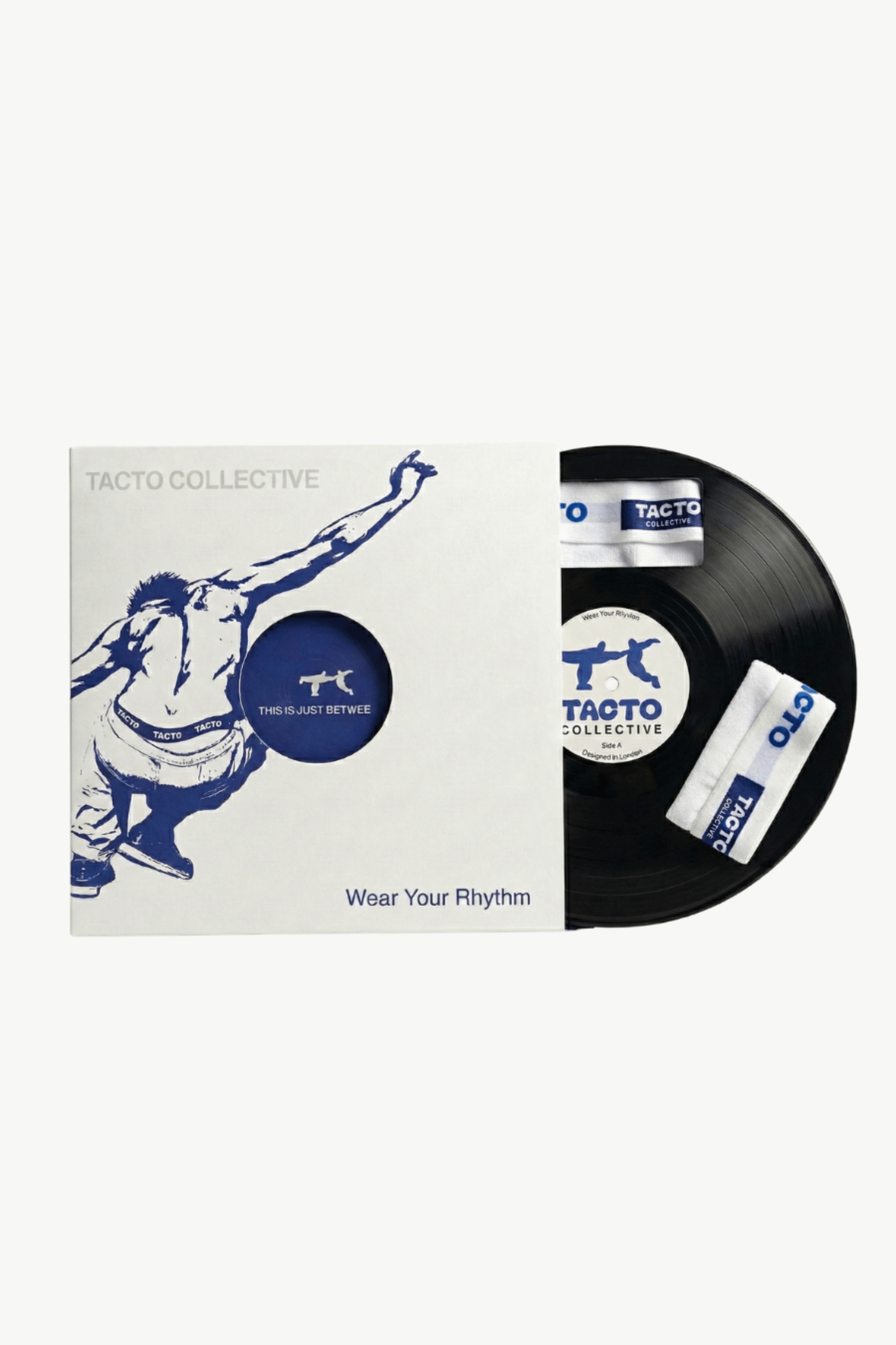 Vinyl record and cover with 'Tacto Collective' branding on a white background. packaging underwear. The Pressing Men's Underwear Boxer Brief 3-Pack White Vinyl Packaging Organic Cotton-Modal, No Polyester — TACTO Collective