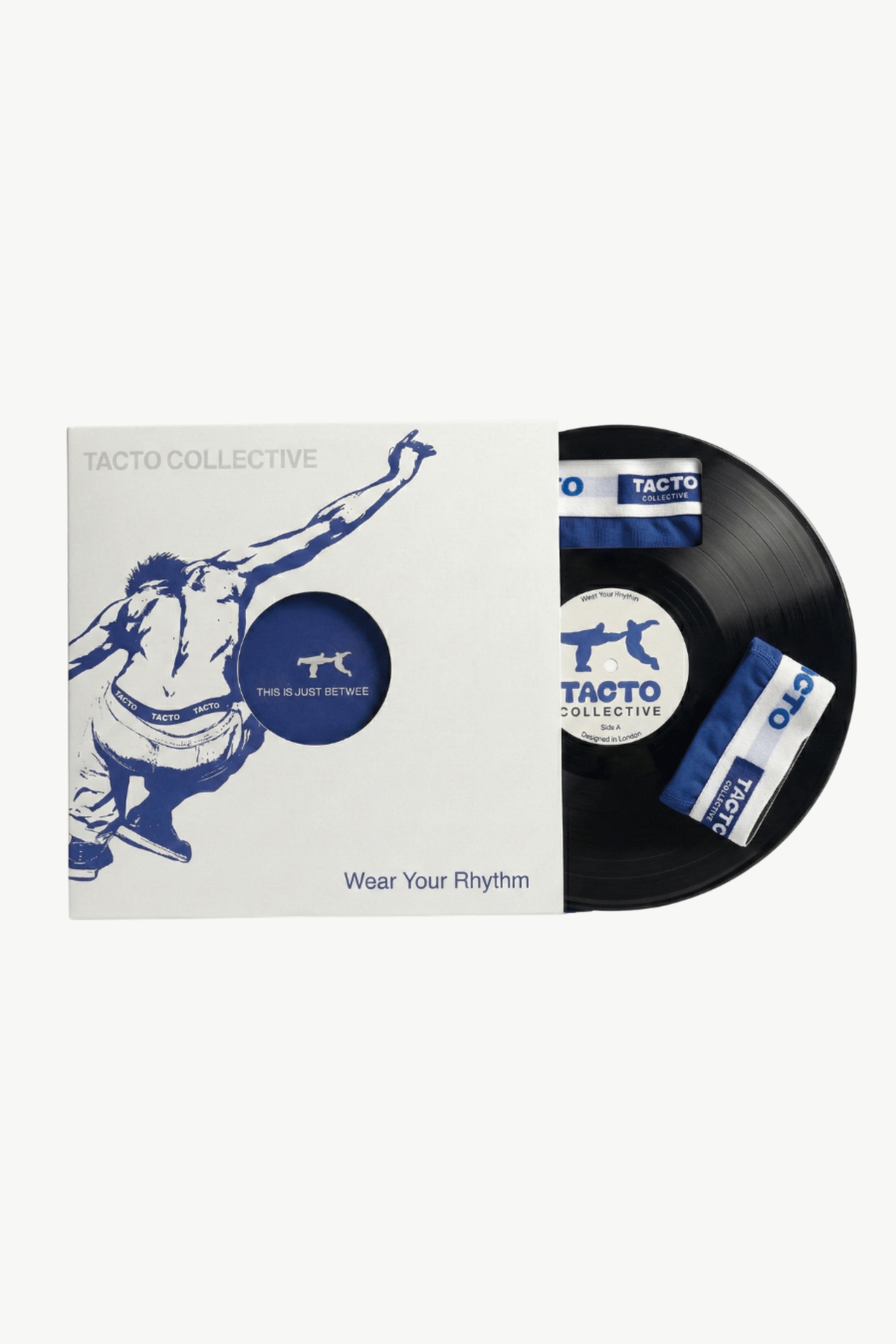 Vinyl record and cover with Tacto Collective branding on a white background. Packaging underwear for boxer briefs
