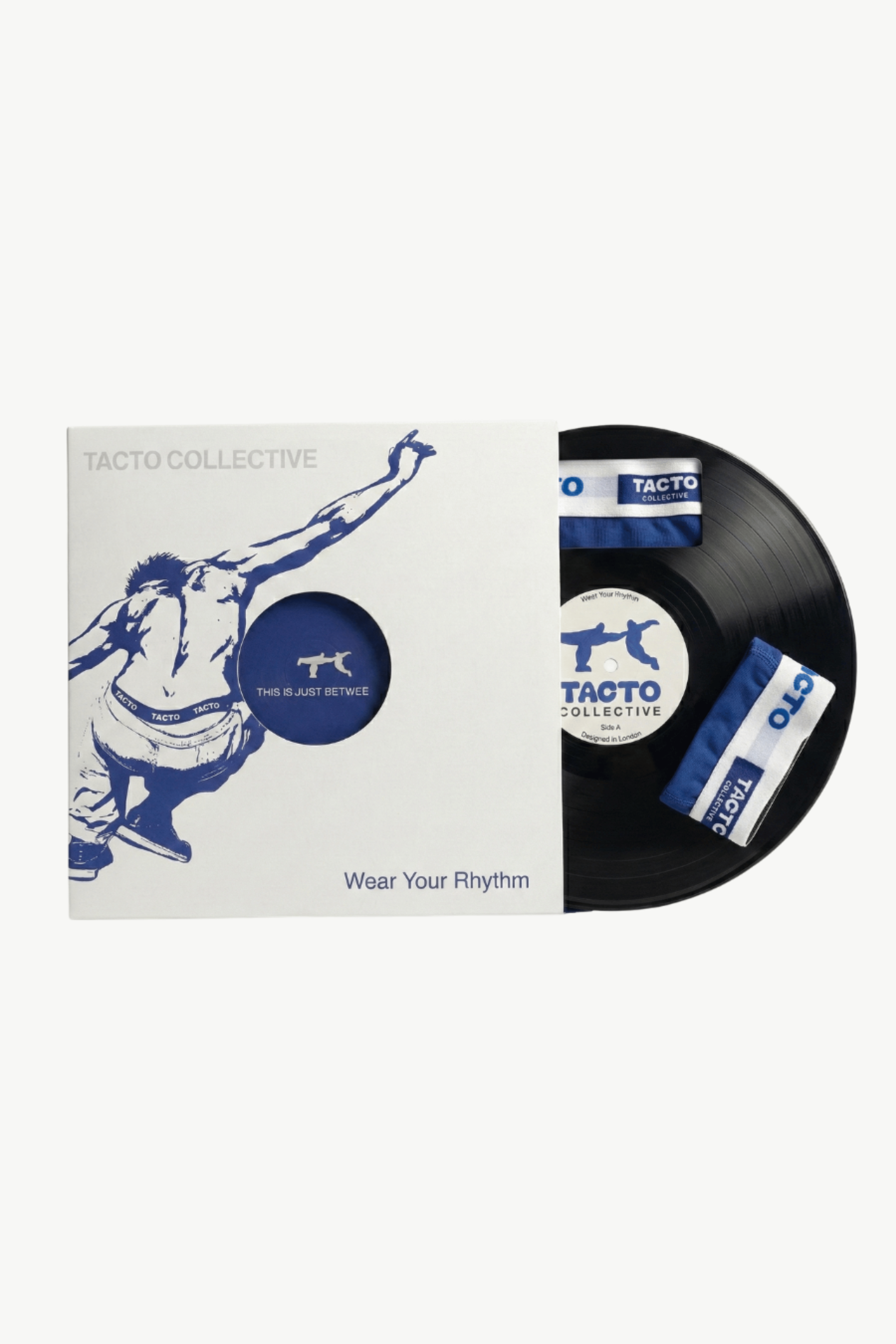 Vinyl record and cover with Tacto Collective branding on a white background. Packaging underwear for boxer briefs