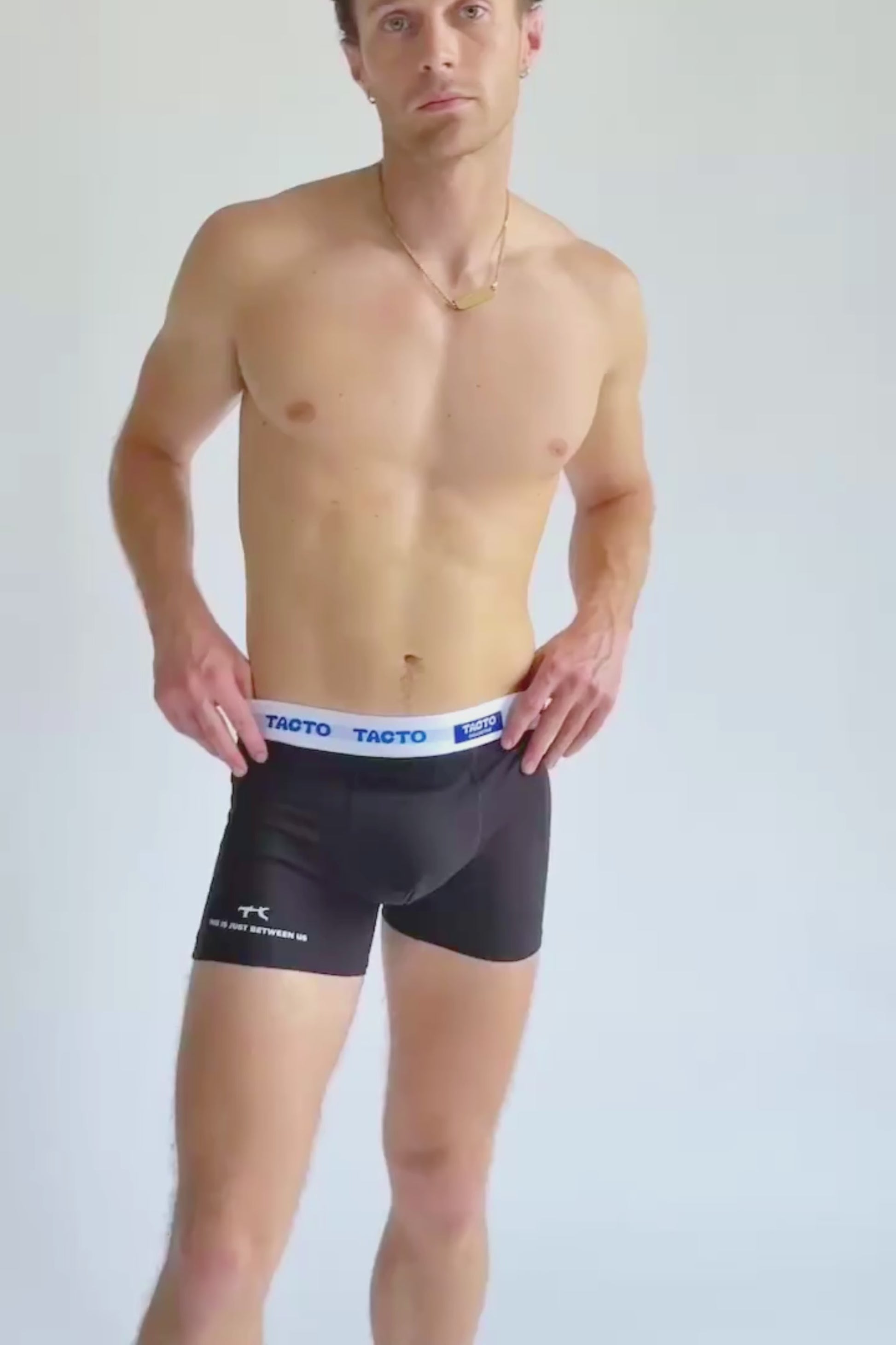 Video of person/model waring the TACTO boxer briefs in black, the black underwear. he's moving around to showcase the fit